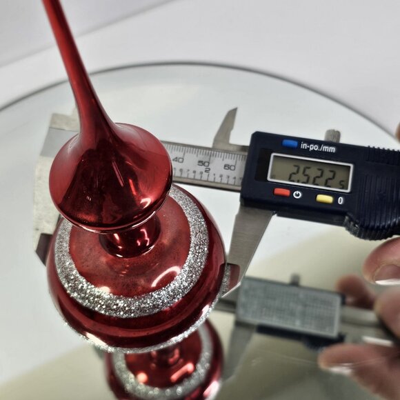 Vintage Glass Christmas Tree Topper Red With Silver Glitter Stripes 11.5" Long - Picture 7 of 7